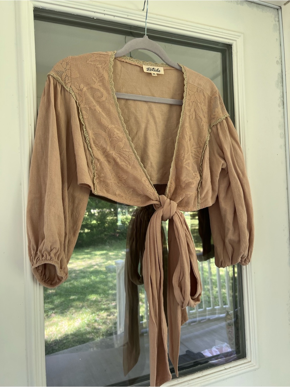 Etcetera Beige Tie-Front Cropped Peasant Top